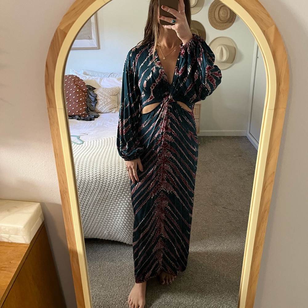 Silk longsleeve maxi dress, tie die print, cut out on sides. Size small